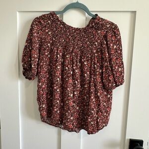 Knox Rose Womens S Smocked Peasant Top Rust Pink Microfloral Elbow Sleeve Blouse